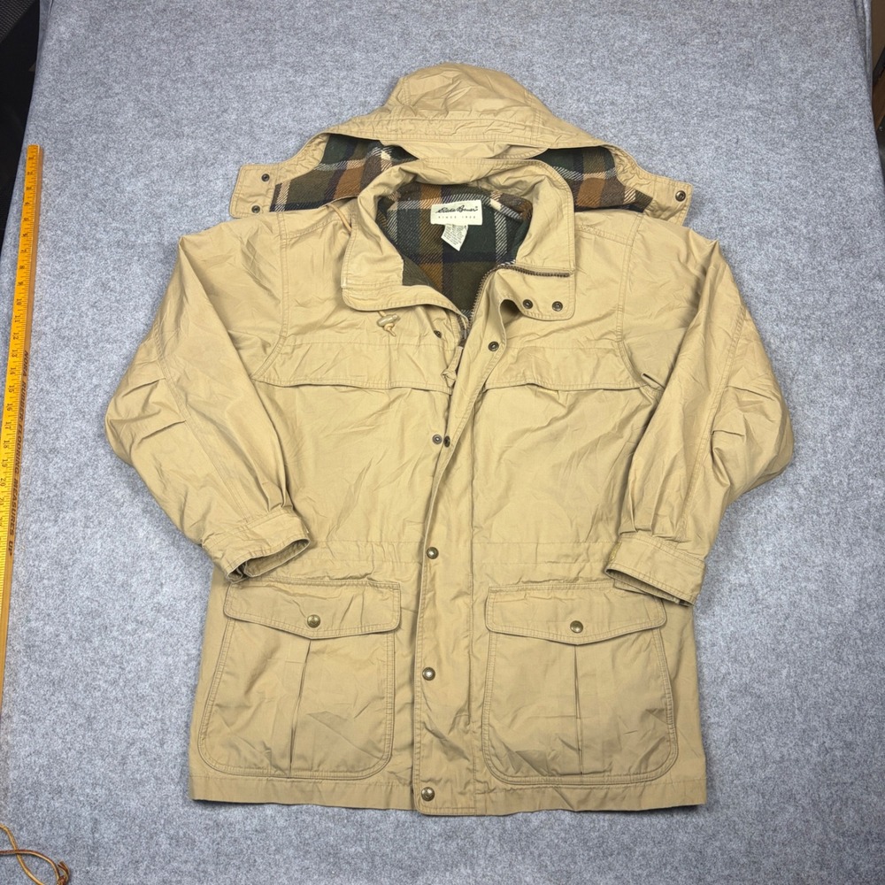 Eddie Bauer Mens Tan Plaid Lined Field Coat Jacket Detachable Hood Small